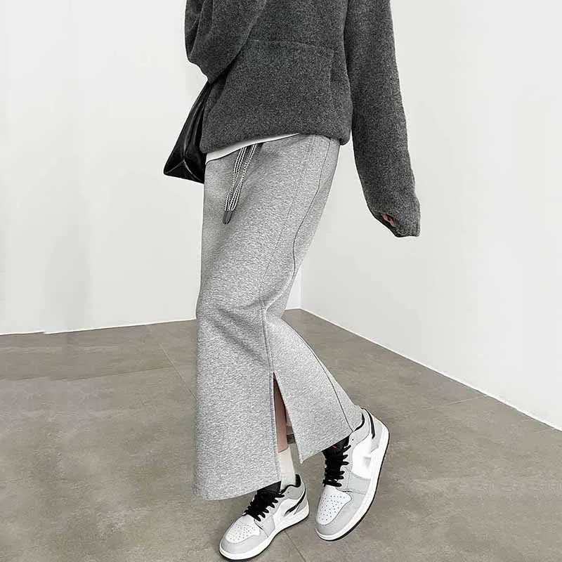 Gonne longuette divise grigie da donna Elasticità in vita Gonne lunghe larghe casual Donna Autunno Inverno Addensare più gonna dritta in velluto 2