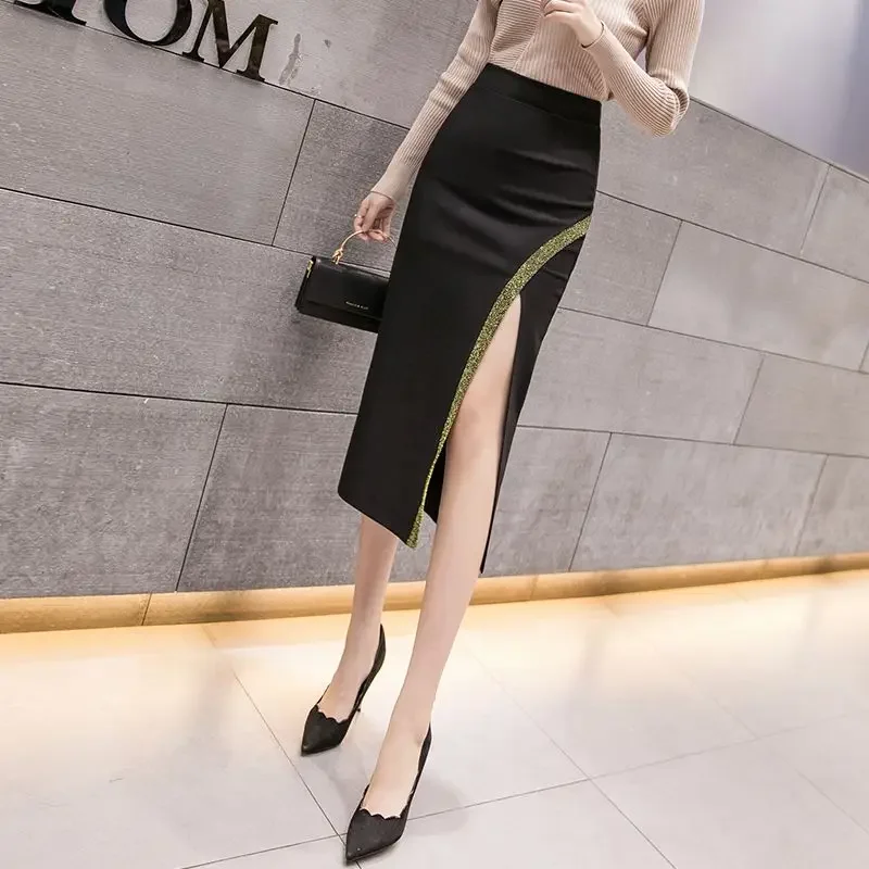 Con spacco patchwork gonna da donna a vita alta avvolgente aderente gonne femminili midi modesto Y2k vintage estate 2025 chic ed elegante V 2