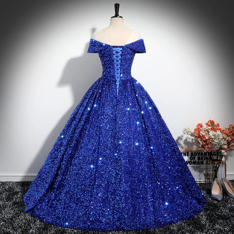 Abito da sera monospalla, paillettes da donna, nuovo costume da spettacolo solista sul palco del 2025, incontro annuale dell'esame d'arte vocale, gonna soffice 3