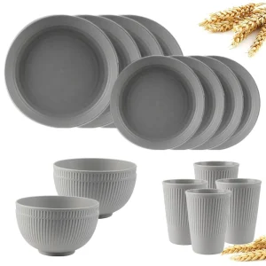Set di posate in paglia di grano grigio 4 pezzi/16 pezzi Set di piatti per tazze Set di stoviglie portatili kit di stoviglie per Picnic campeggio 1