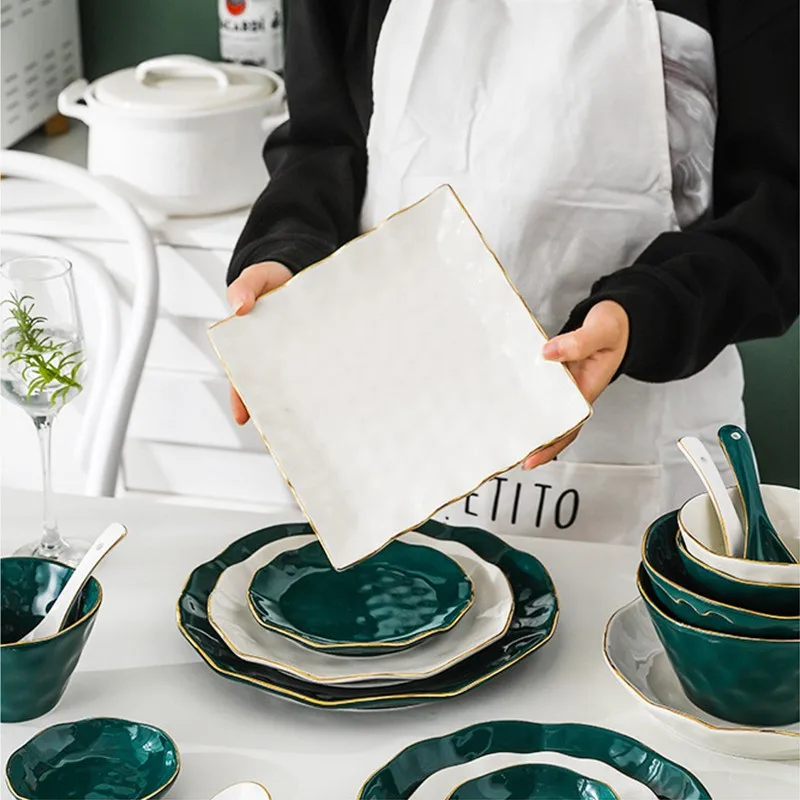 Set di stoviglie per piatti in ceramica nordica verde di alta moda Set di stoviglie Set di ciotole per zuppa in porcellana in stile moderno 4