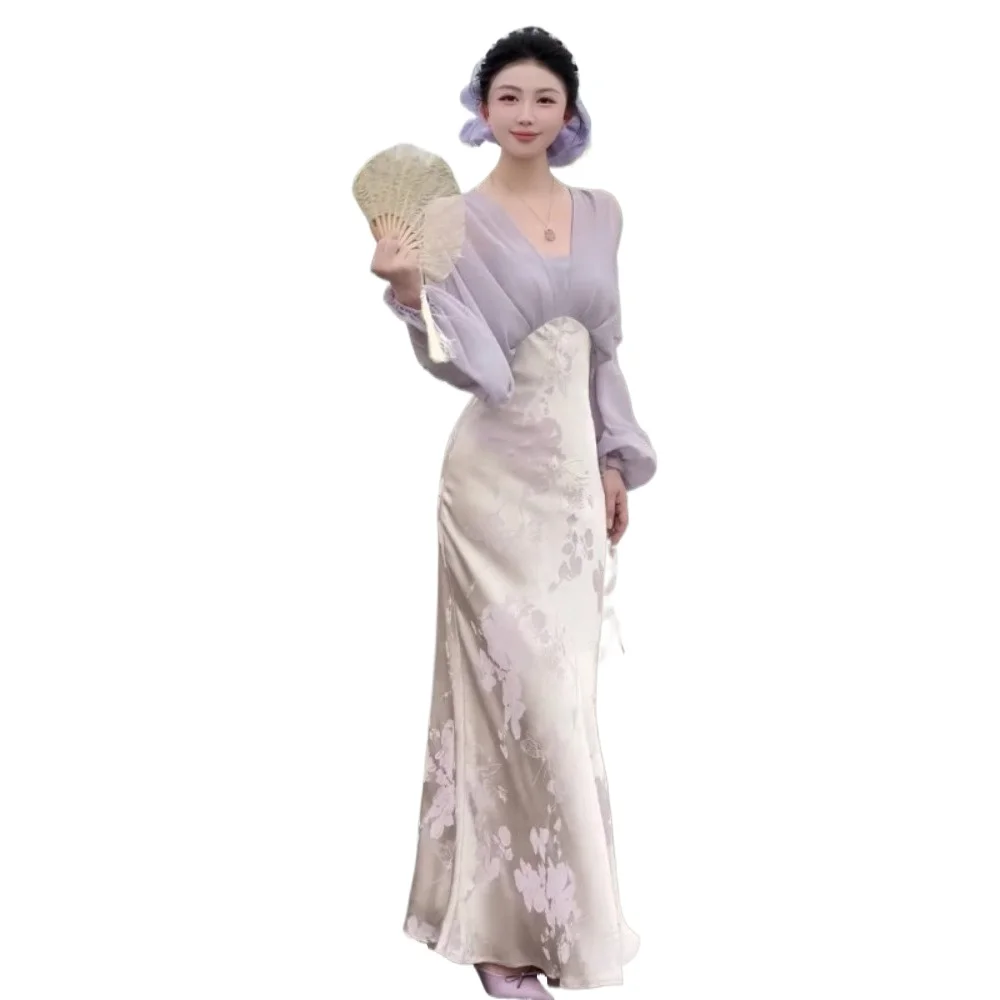 Abito estivo da ragazza oliva Abito in stile cinese in raso jacquard per donna Primavera 2025 Abito lungo elegante con due stampe finte della dea 6