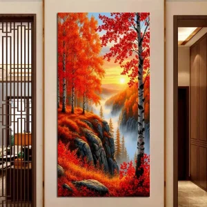 Fullcang Sunset Foresta Rossa Paesaggio Kit di pittura diamante fai da te di grandi dimensioni Immagine di ricamo mosaico con trapano rotondo quadrato completo 1