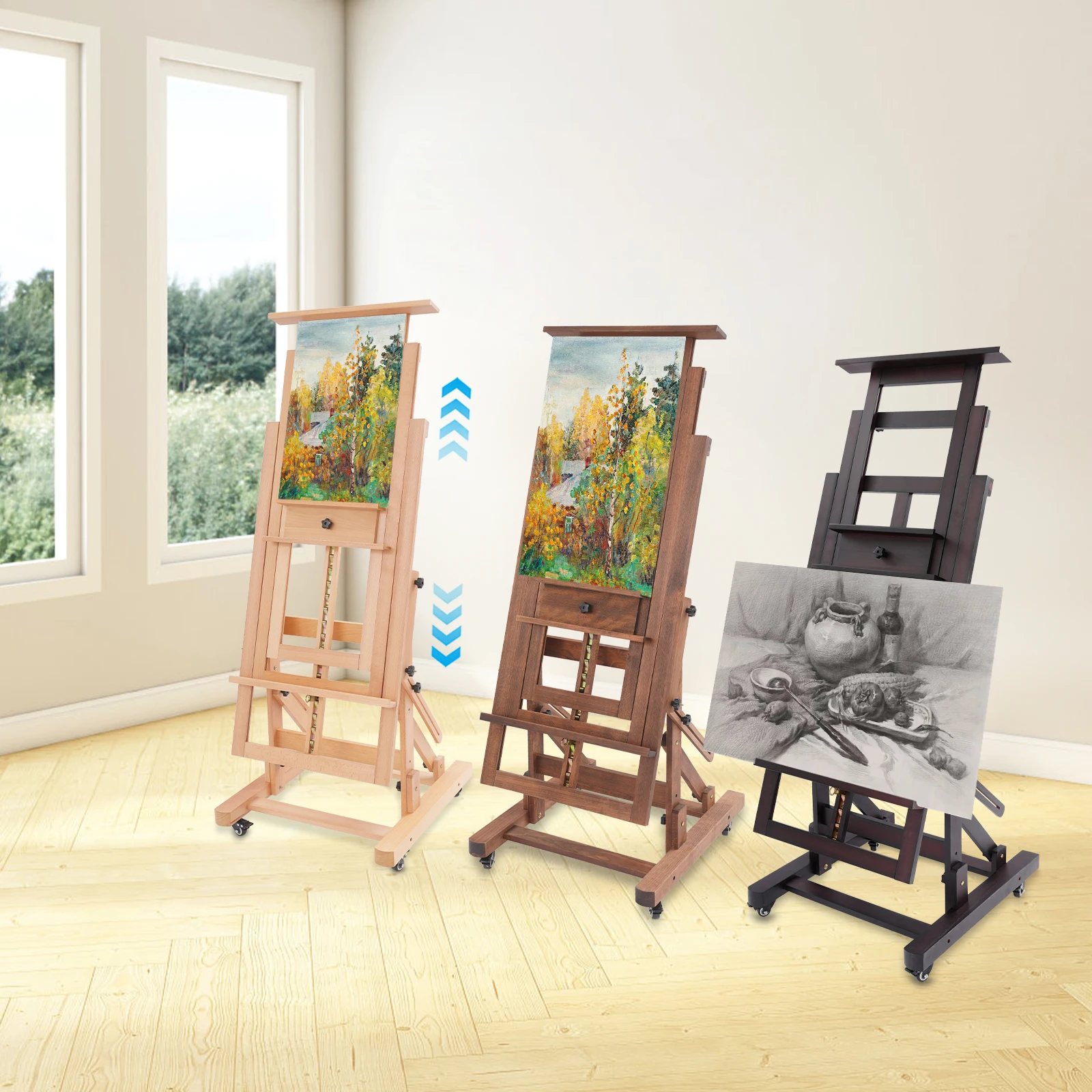 Cavalletto per artisti professionisti orizzontale verticale a doppio uso 60x65x140-300CM Angolo di altezza regolabile in legno massello per aula d'arte 4