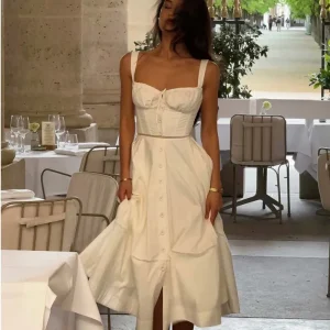 YENKYE Sexy Lace Up Bandage Back Elegante abito bianco con fionda Donna Bottone frontale A-line Abito estivo stile corsetto in cotone Abito longuette 1