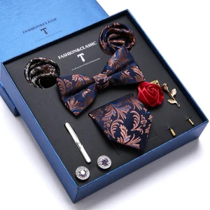Confezione regalo per le vacanze di alta qualità 7,5 cm Cravatta floreale blu Hanky Pocket Squares Gemelli Clip Set Cravatta per uomo Regalo di compleanno 1