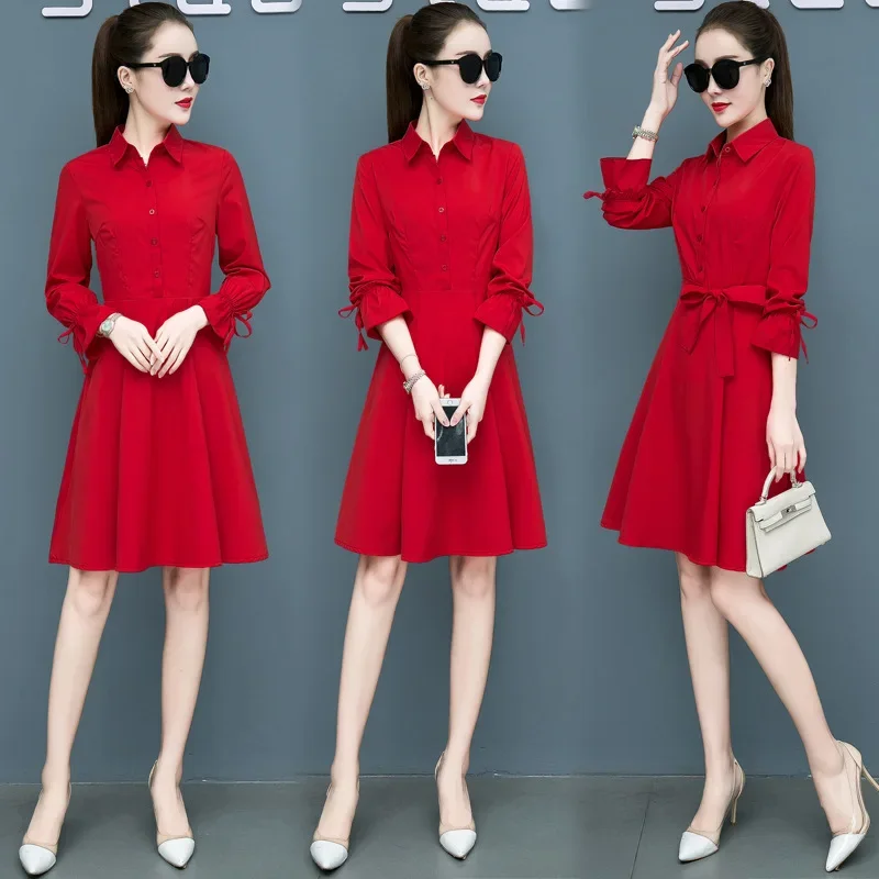 Abito da donna rosso a maniche lunghe Giallo Primavera Autunno Stile Abito da sera al ginocchio Gonna formale da donna in fibra di poliestere 3