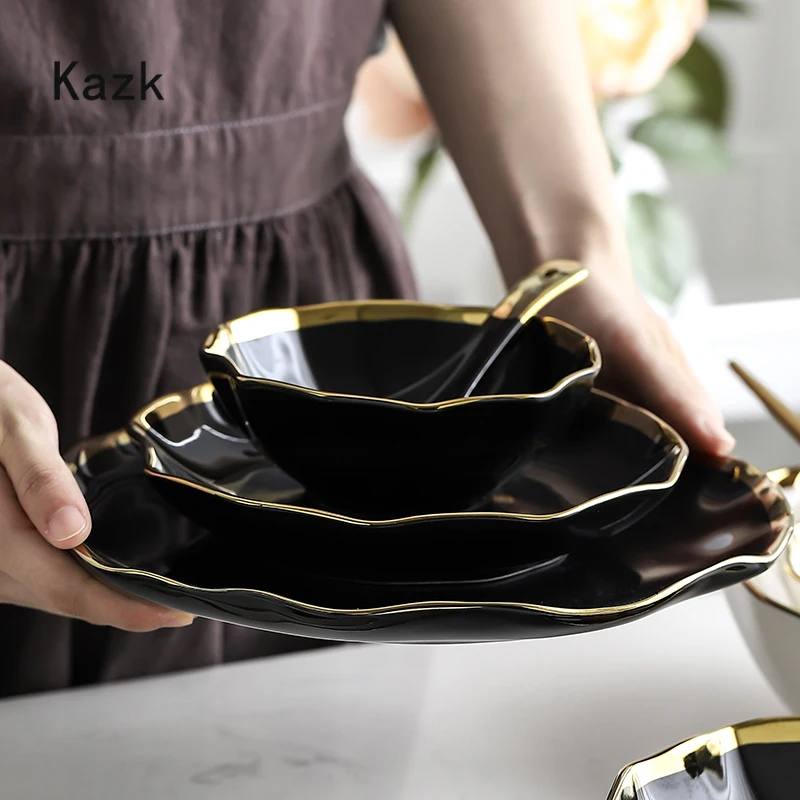 Piatto in ceramica Nordic Golden Stroke leggero di lusso nero bianco pasta bistecca piatti da pranzo piatti da dessert ciotole da zuppa stoviglie per la casa 2