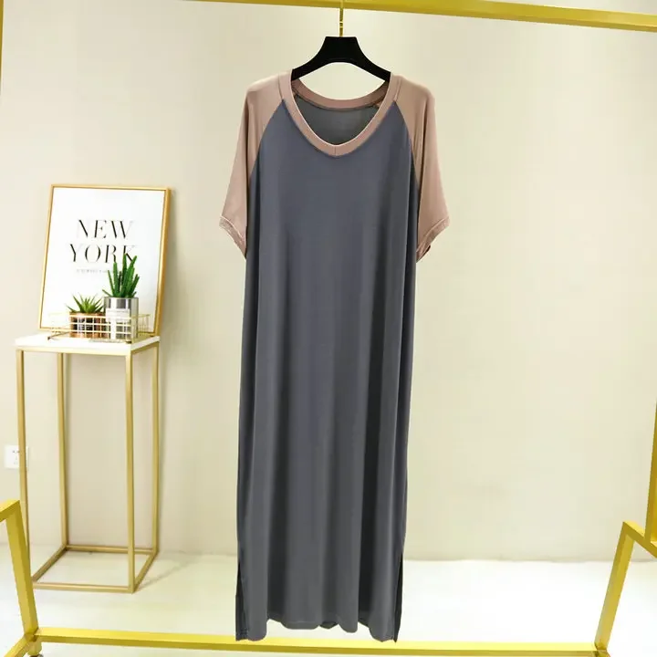 Estate plus size modale spalla allentata inserto color block manica corta abito premaman spacco laterale scollo a V gonna vestiti per la casa 4