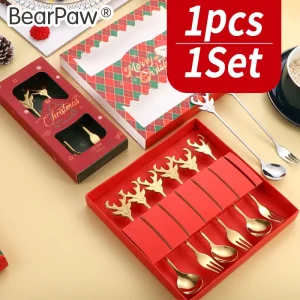 Regali di posate natalizie, cucchiai da dessert per albero di Natale con pupazzo di neve di Natale di Babbo Natale, set di posate natalizie in oro e argento 1