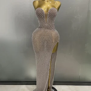 2025 Lussuoso abito lungo trasparente con strass in rete da donna Compleanno Festeggia abito da ballo da sera Party Club Costume di scena 1