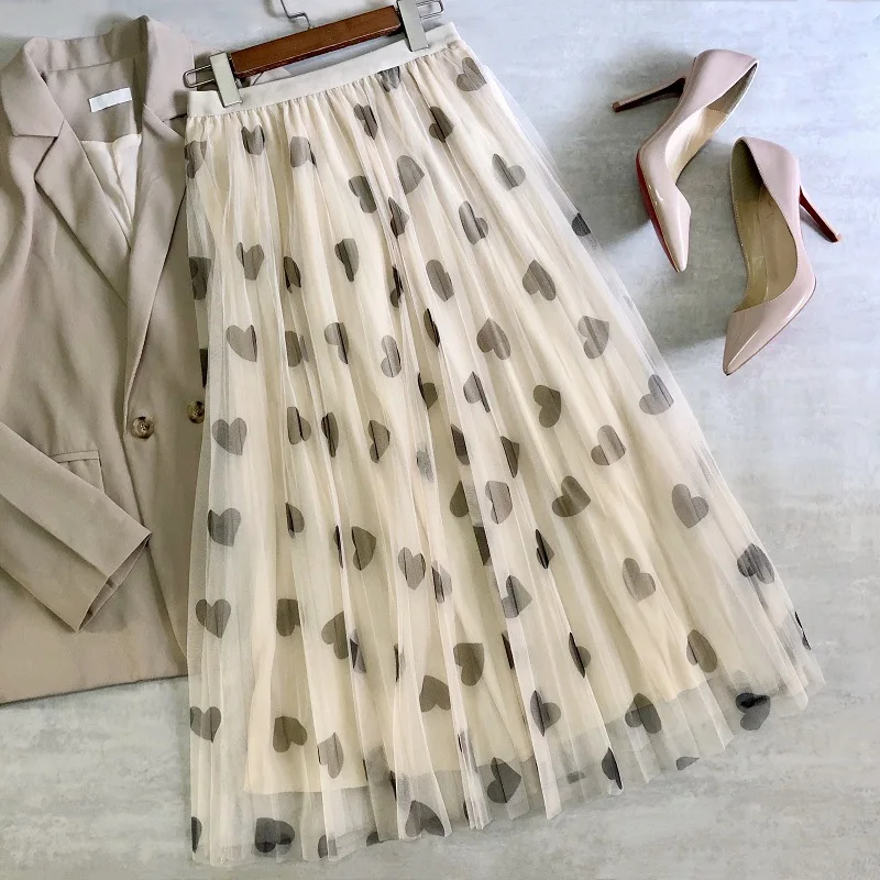 Gonna lunga in Tulle timatica donna moda 2021 primavera estate cuore stampa gonna lunga a pieghe a vita alta gonna estetica femminile 3