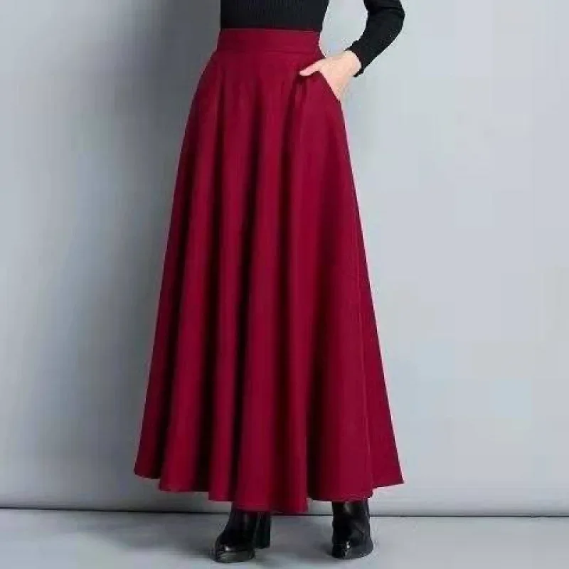 Gonna longuette a vita alta Gonna maxi Gonna a metà corpo in puro colore Gonna a trapezio Moda donna Primavera Estate Autunno Misto poliestere 2