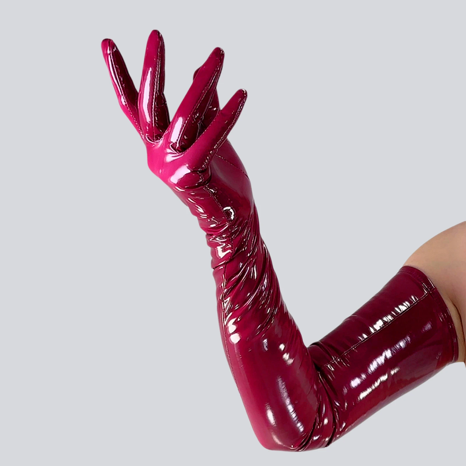 Guanti in LATTICE bordeaux Super sottili 2a pelle ecopelle gomma 70 cm spalla lunga moda festa serale costume cosplay guanto 2