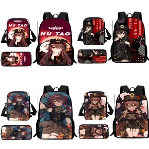 3 pezzi Set bambino Hu Tao Genshin Impact zaini borsa a tracolla astuccio per matite pupilla borsa da scuola di grande capacità per ragazzi e ragazze miglior regalo 1