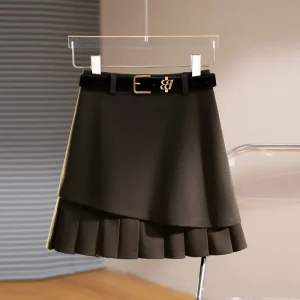 2025 Autunno Inverno New Vintage Patchwork Tinta unita Vita alta Gonna a trapezio Abbigliamento donna Moda Gonne con volant irregolari 1