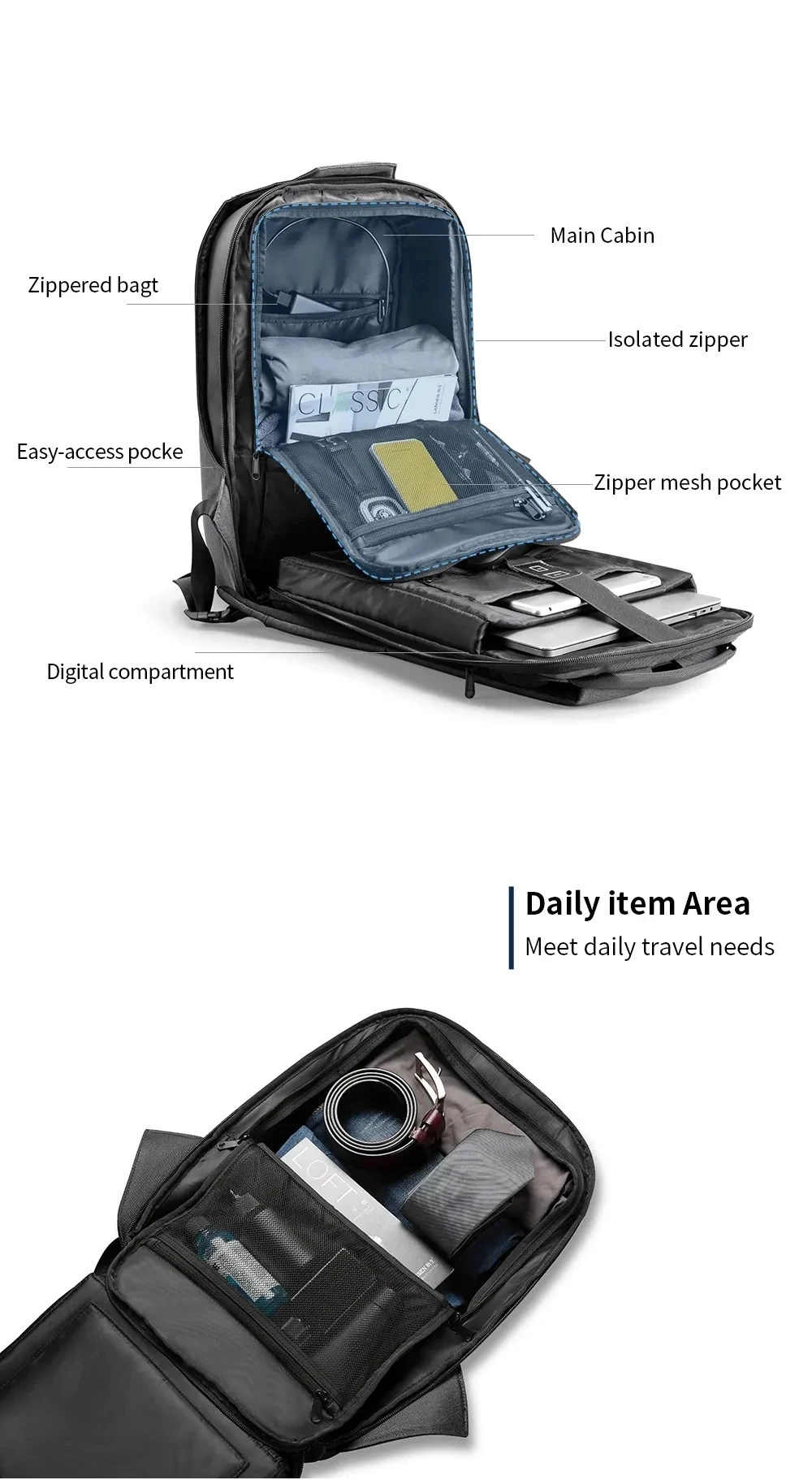 Zaino antifurto Kingsons da uomo per laptop da 15,6 pollici aperto da 180 gradi con ricarica USB borsa da scuola impermeabile per ragazzi studenti universitari 6