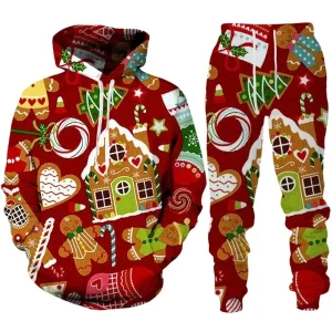 Felpe con cappuccio con stampa 3D Abito Natale Babbo Natale Uomo Donna Pantaloni da tuta Set da 2 pezzi Festa di Capodanno Pullover casual oversize 1