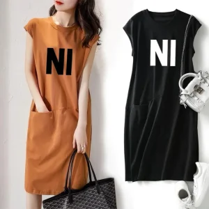 Estate nuovo abito longuette ampio stampa di lettere da donna moda casual manica corta girocollo fibra di poliestere stile minimalista neutro 1