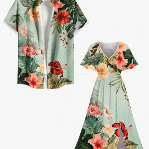 Camicia con stampa di fiori di ibisco con foglie tropicali hawaiane per coppia abbinabili di Rosegal o abito midi a trapezio diviso taglie forti 1