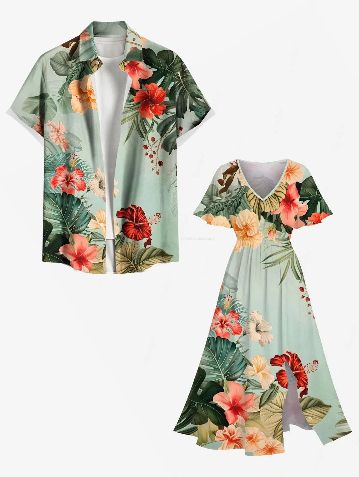 Camicia con stampa di fiori di ibisco con foglie tropicali hawaiane per coppia abbinabili di Rosegal o abito midi a trapezio diviso taglie forti 1