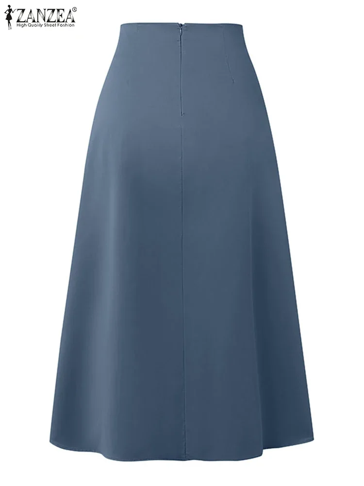 ZANZEA Vacanza di Modo Faldas Mujer Casual Donne di Colore Solido A Vita Alta Jupe Femmes Elegante Pendolarismo A Pieghe Frontale Midi Gonne 5