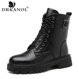 DRKANOL 2025 Stivali con plateau da donna Autunno Inverno Street Style Trend Stivaletti con tacco spesso Stivali casual caldi in lana shearling da donna 1