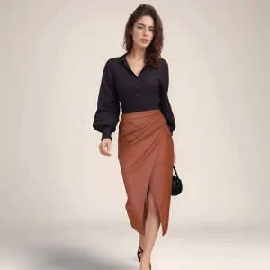 2025 Primavera/Estate Gonna divisa in PU da donna Gonna a vita alta con cerniera Gonna in pelle con piega Gonna sexy europea e americana 1