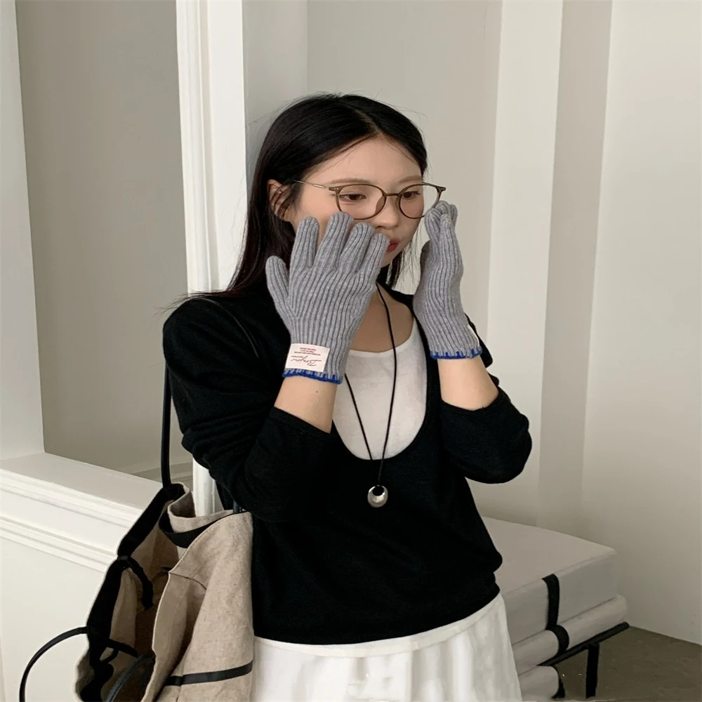 Guanti di lana lavorati a maglia in tessuto standard, bordo di bloccaggio alla moda Guanti touch screen per dita con perdite calde invernali versatili da donna 6