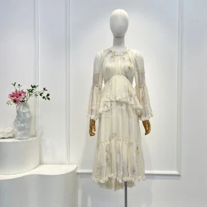 Autunno Nuova Collezione Abiti da Donna 2025 Beige Crema Dais Stampa Floreale Increspature Manica Lunga Orlo Irregolare Abito Midi 1