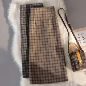 Gonna di lana ispessita autunno inverno per donna Gonne scozzesi vintage divise a vita alta Gonna lunga elegante con cerniera a trapezio femminile 1