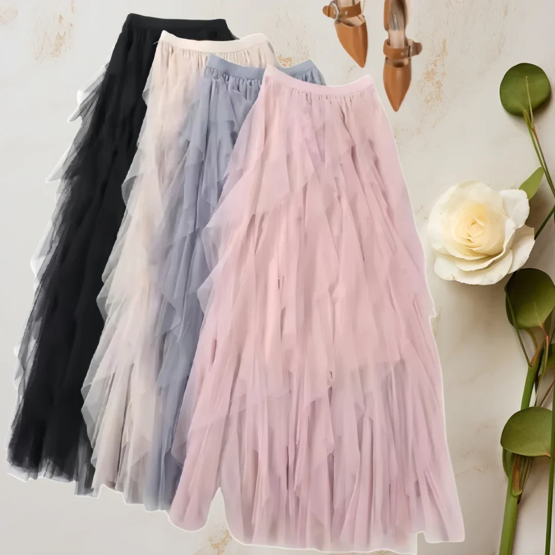 2024 delle nuove donne elastico a vita alta tulle maglia irregolare tutu gonna estate ragazze partito più vecchia ragazza del capretto pieghettato lungo midi gonne 4
