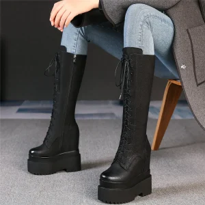 Décolleté con plateau invernale Scarpe da donna Zeppe retrò in vera pelle Stivali da neve con tacco alto Punta tonda Scarpe da ginnastica alla moda Scarpe casual 1