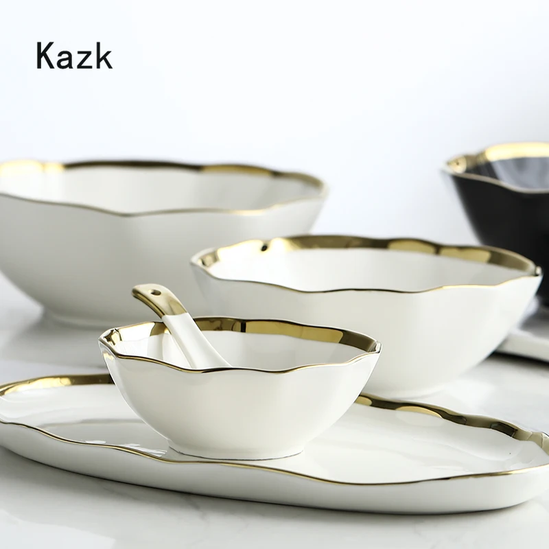 Piatto in ceramica Nordic Golden Stroke leggero di lusso nero bianco pasta bistecca piatti da pranzo piatti da dessert ciotole da zuppa stoviglie per la casa 3