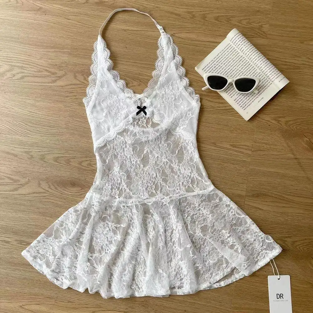 Abito allacciato alla caviglia in pizzo trasparente moda Grembiule con scollo a V Beachwear Gonne corte con lacci A-line Abiti stile ragazza piccante Club da donna 2