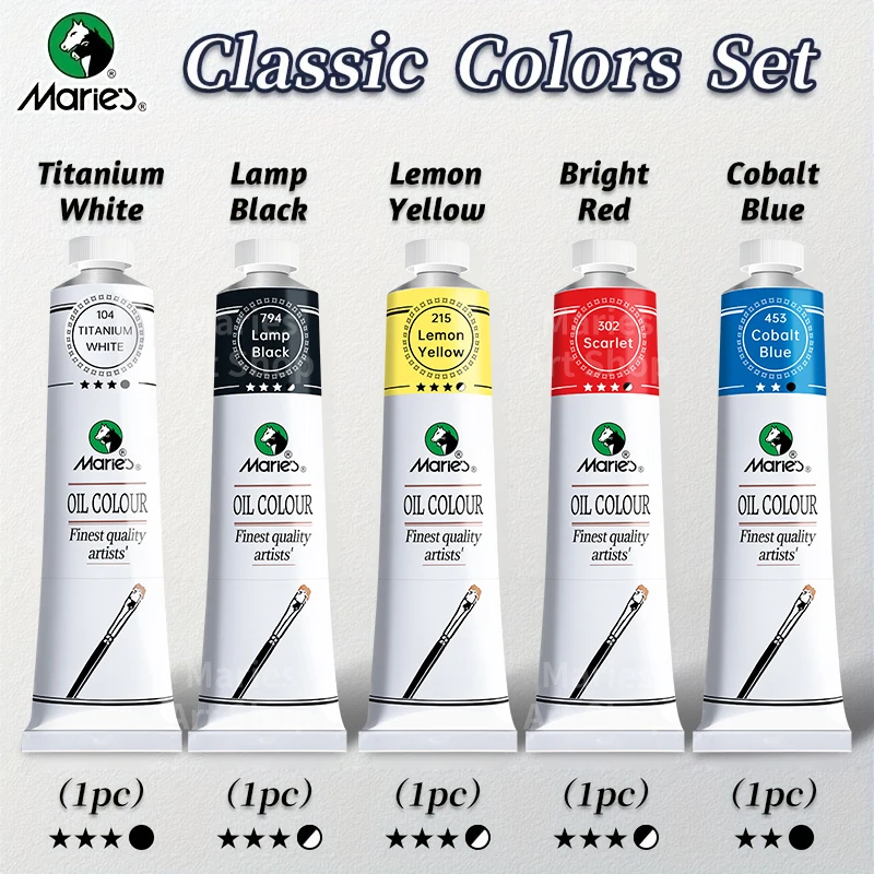 Set di 5 colori ad olio di Marie, 50 ml/1,7 fl. oz x 5 tubi, kit professionale di pigmenti ricchi, varietà vibrante di colori lisci per artisti 1