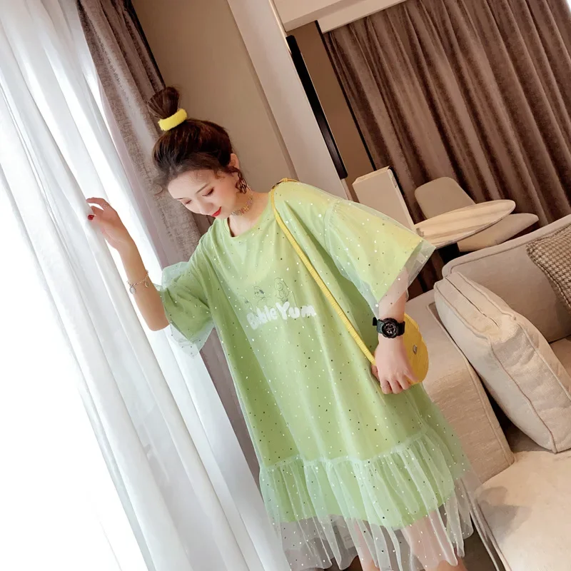 Abito t-shirt midi con giunture in rete alla moda, manica corta da donna, design elegante, abito casual comodo primavera estate 3