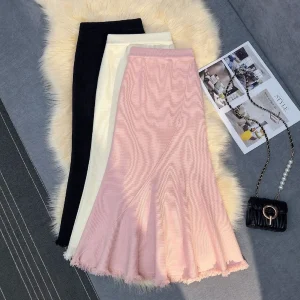 Gonna longuette a sirena in maglia spessa donna autunno inverno drappeggiato sottile a vita alta una linea gonne lunghe aderenti con nappe 1