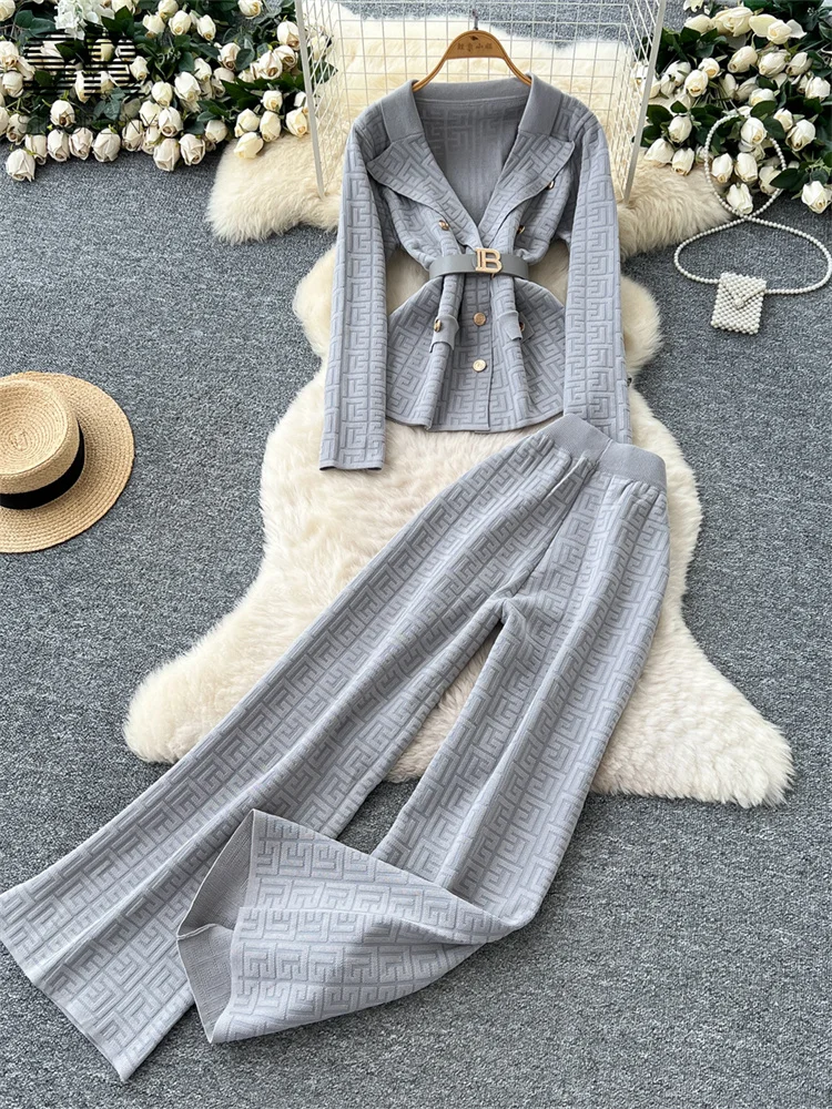 SINGREINY Office Lady Abiti lavorati a maglia Donna Manica lunga Colletto dentellato Top + Pantaloni a gambe larghe Donna Inverno Moda Spessa 2 pezzi Set 2