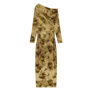 Abito midi da donna in velluto floreale con spalle scoperte e elegante design avvolgente a maniche lunghe, adatto per cene e feste 1