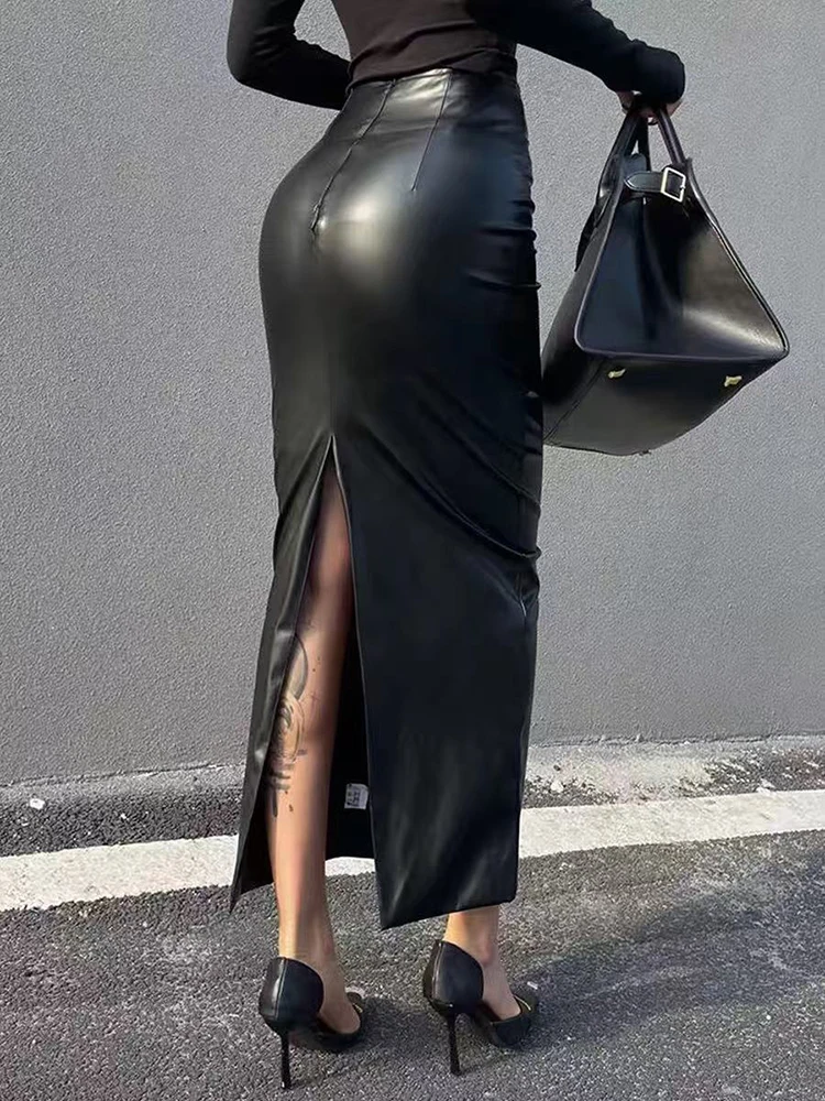 Gonne a fessura in pelle Pu vintage da donna a vita alta streetwear gonne longuette sottili Y2K eleganza coreana festa notturna gonne nere da donna 6