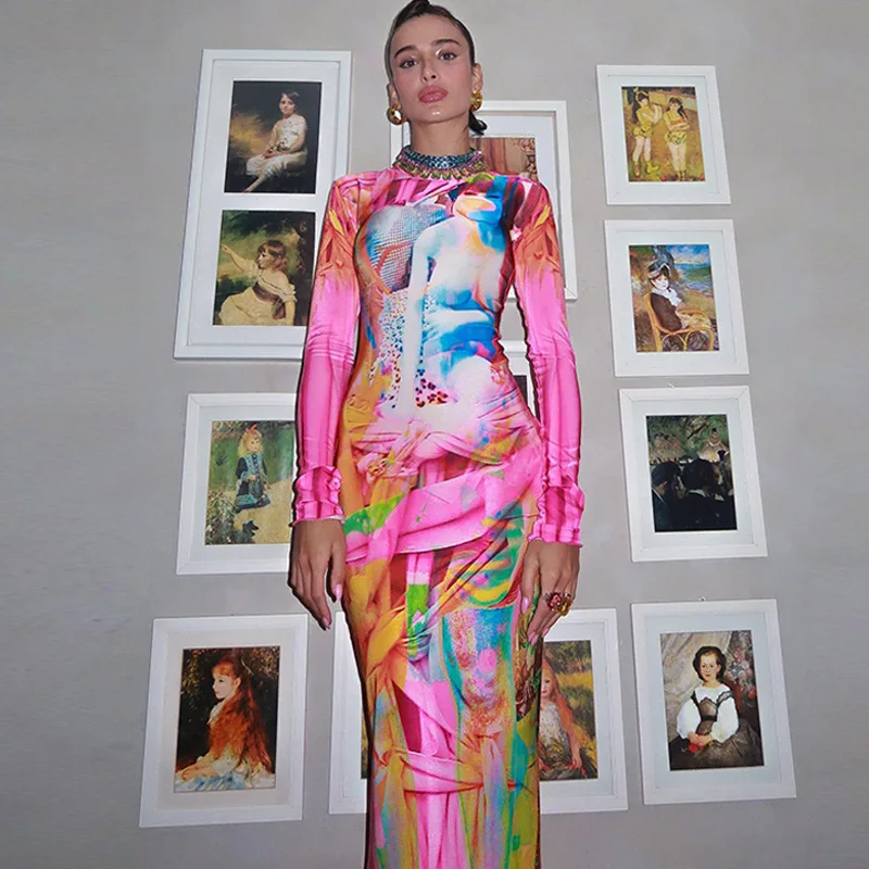 Abito lungo aderente con stampa graffiti punk donna 2025 autunno colletto alla coreana manica lunga slim fit abito a coda di pesce abiti da club per feste 4