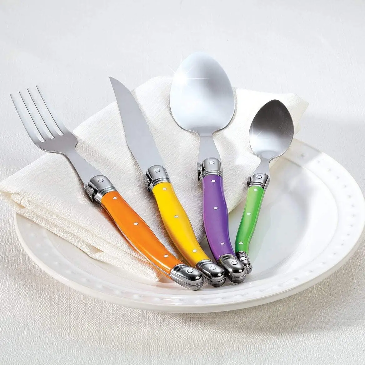 4-24 pezzi Laguiole Rainbow Set di stoviglie Avorio Bianco Posate da sposa Coltelli da bistecca in acciaio inossidabile Forchette e cucchiaio Cucchiaino 3