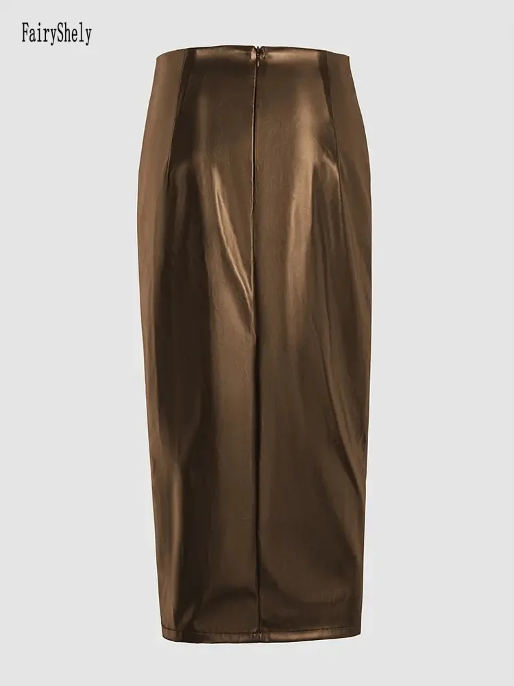 Fairyshely Gonna lunga divisa in pelle PU sexy Donna 2025 Gonna longuette estiva a vita alta Lady Elegante gonne a tubino con coulisse con cerniera 4