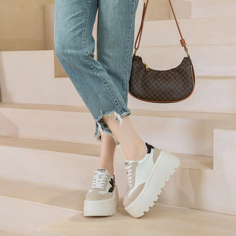 8cm piattaforma in vera pelle zeppa Chunky Sneaker nero Casual Comfort Skate Board suola spessa nuove scarpe moda primavera autunno 4