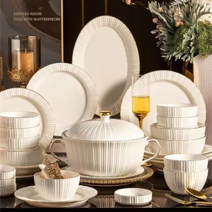 Scultura in rilievo Intarsio in oro Ciotola di riso in ceramica Piatti Piatto di bistecca di manzo Piatto di pesce Stoviglie in ceramica premium 1 pz 1