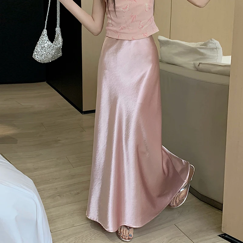 Seoulish elegante solido gonne di raso delle donne 2025 nuova primavera estate moda a vita alta avvolto ufficio signora gonne lunghe per le donne 3