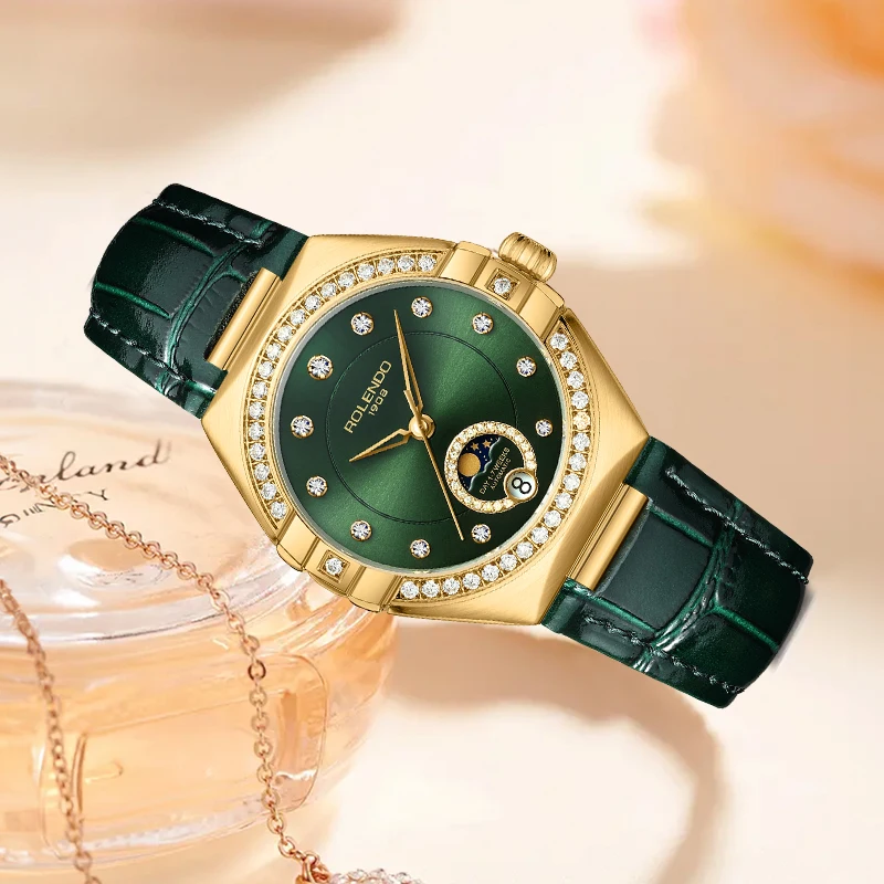 ROLENDO Orologio da donna automatico stile costellazione Cinturino segreto smeraldo Quadrante verde Giorno-Data Cristallo di zaffiro Impermeabile Elegante 6