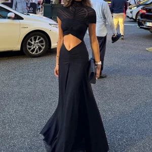 Mozision Abito lungo sexy a maniche corte scavato Moda donna O collo increspato a vita alta aderente Club Party Abito lungo femminile 1