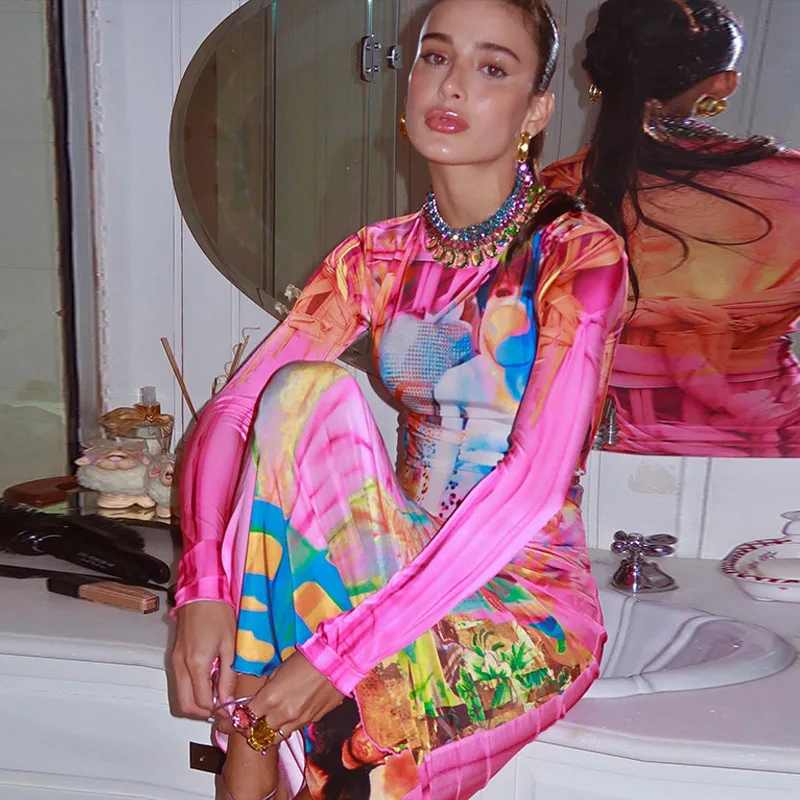 Abito lungo aderente con stampa graffiti punk donna 2025 autunno colletto alla coreana manica lunga slim fit abito a coda di pesce abiti da club per feste 2